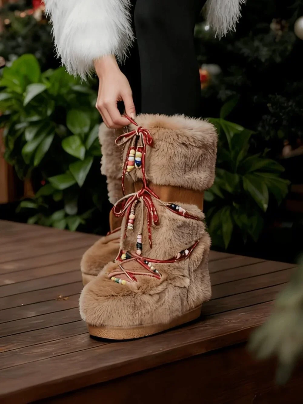 Camel Casual Women's Faux Fur Boots Round Toe Snow Boots With Lace-Up Straps